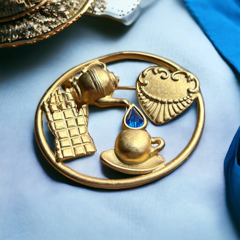 Vintage Tea Time Brooch Goldtone Teapot Glove Heart Circle Sapphire Rhinestone